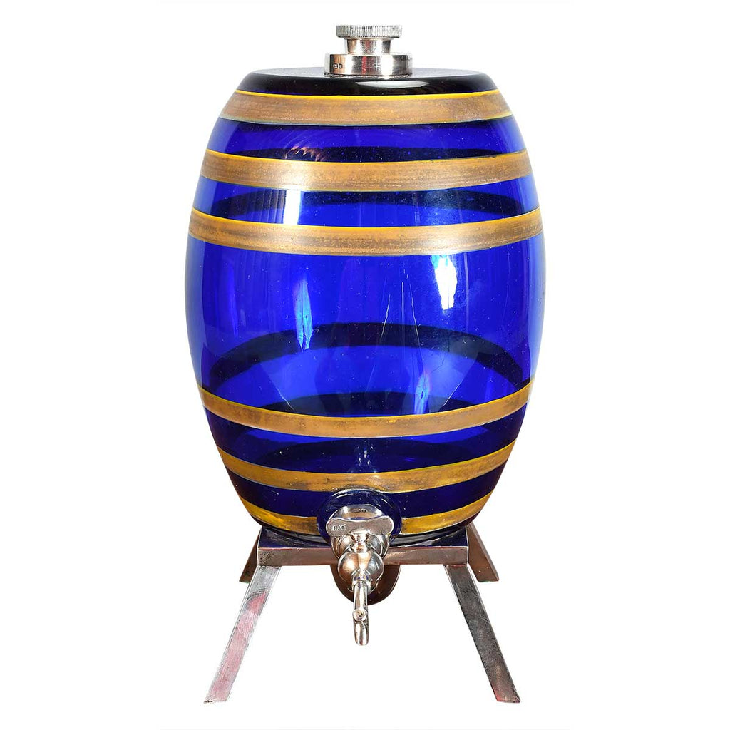 Cobalt Blue Glass Spirit Barrel on Silver Stand