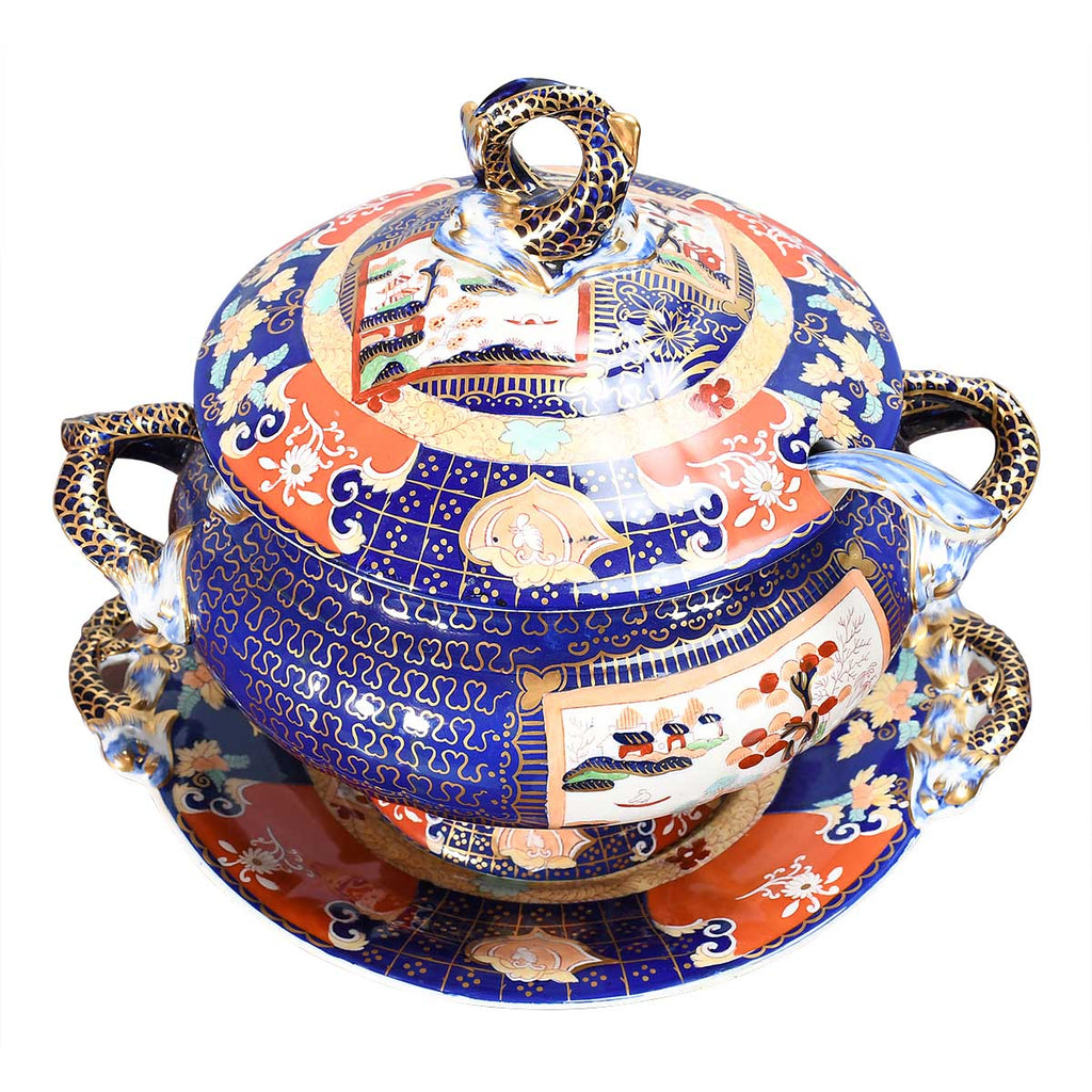 A Mason's Ironstone Tureen with Cover, Stand, and Ladle
