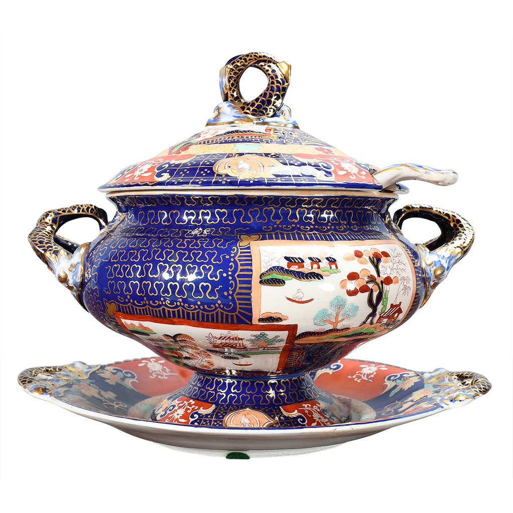 A Mason's Ironstone Tureen with Cover, Stand, and Ladle