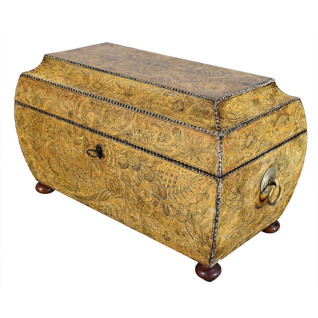 A Regency Period Penwork Tea Caddy with Unusual Ground Color