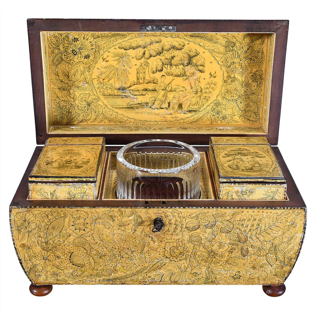 A Regency Period Penwork Tea Caddy with Unusual Ground Color