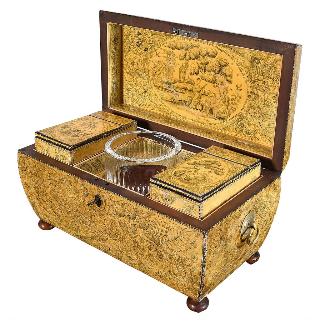 A Regency Period Penwork Tea Caddy with Unusual Ground Color