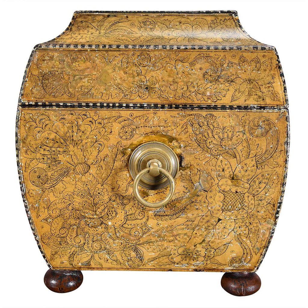 A Regency Period Penwork Tea Caddy with Unusual Ground Color