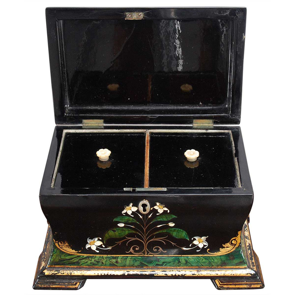 A Black Lacquered and Painted Tea Caddy