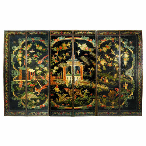 Six-Panel Leather Screen with Painted Chinoiserie Decoration