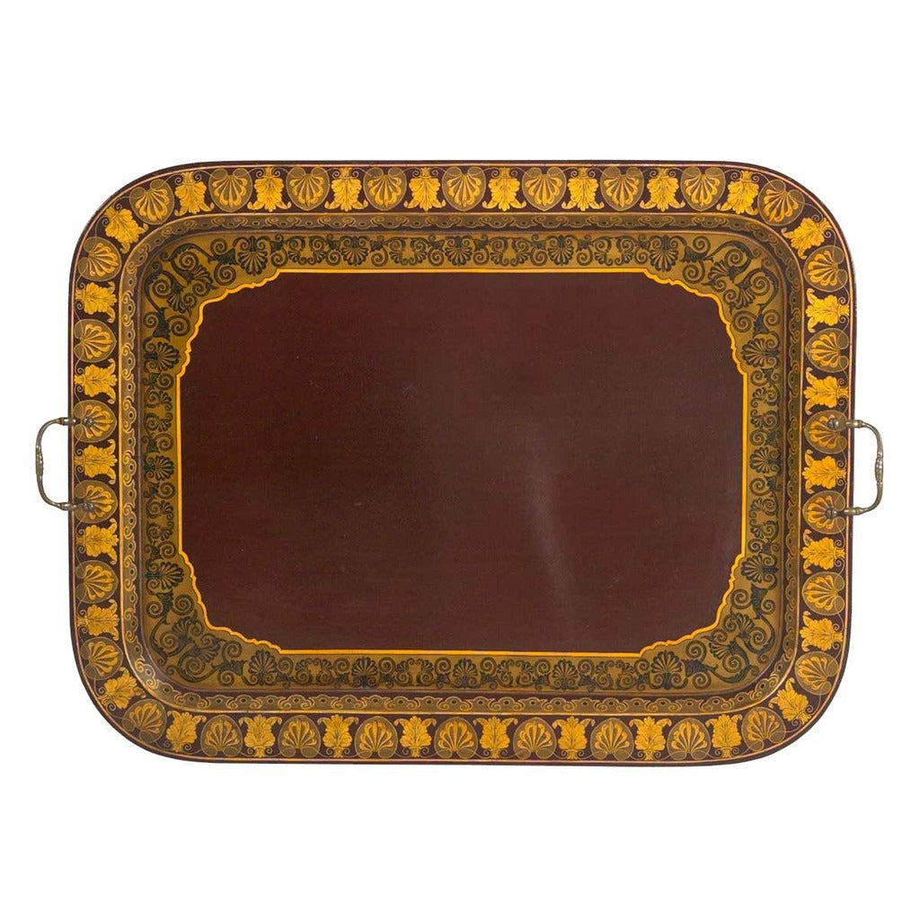 A antique red chinoiserie and gilt tray with the original brass handles. view 2
