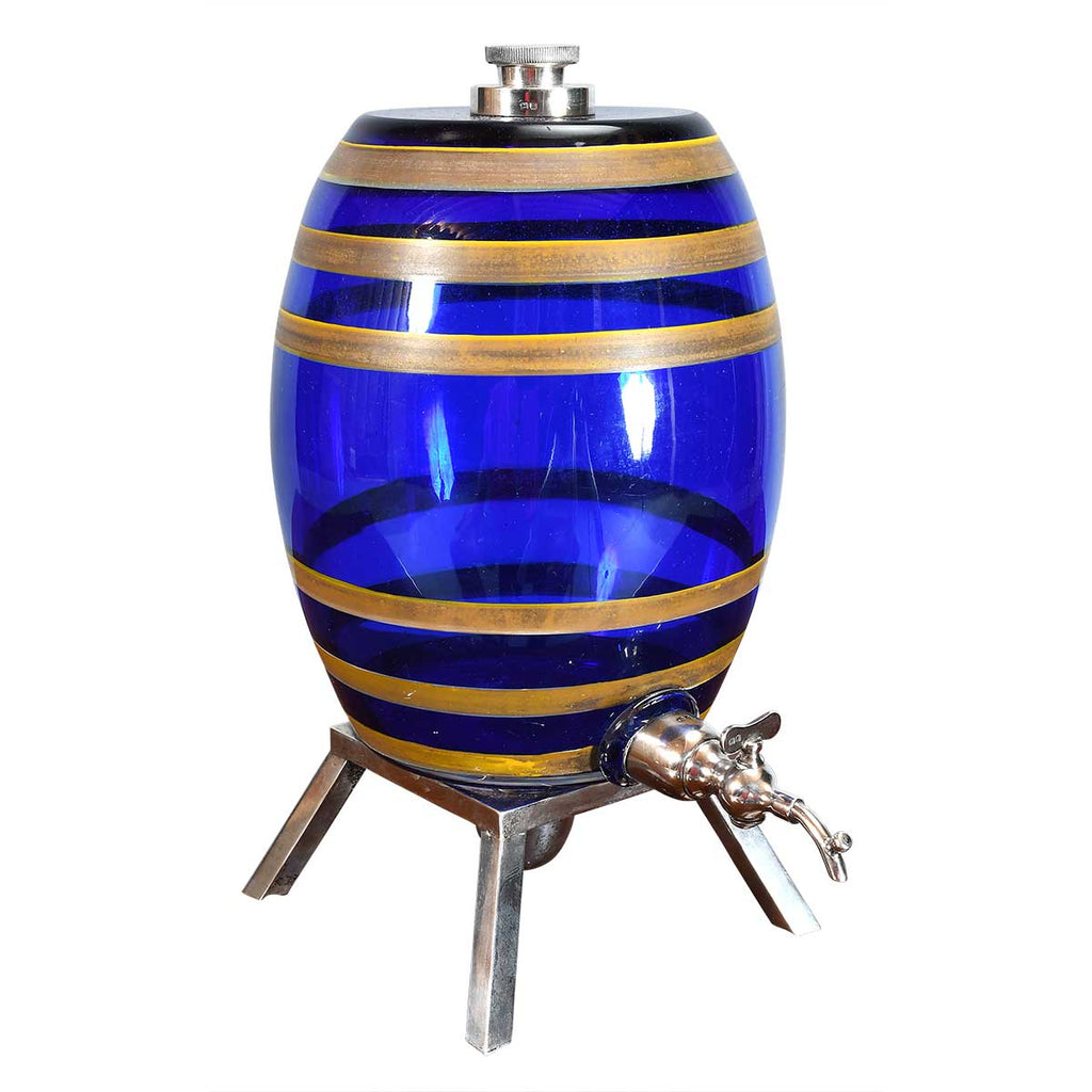 Cobalt Blue Glass Spirit Barrel on Silver Stand