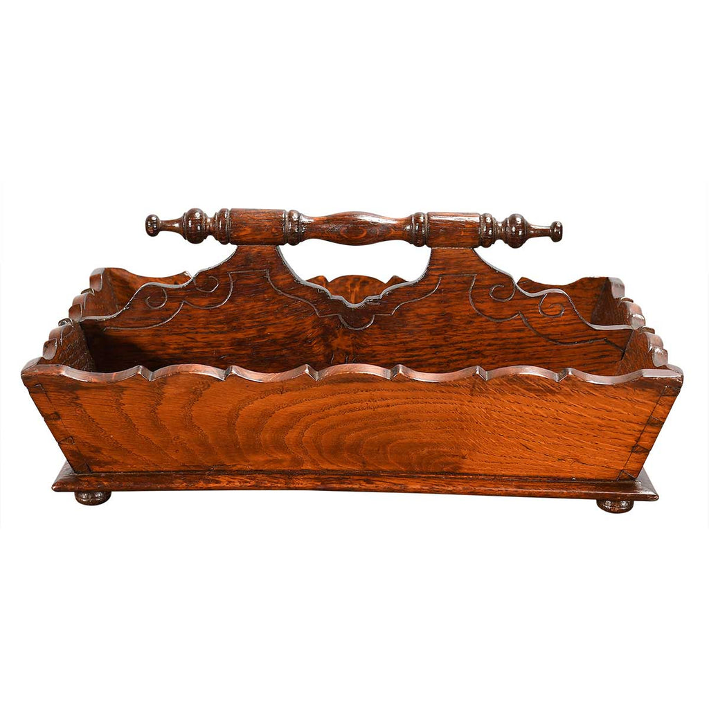 19th century English oak cutlery tray with turned handle and dovetail joints
