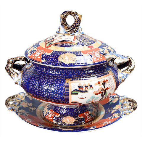 A Mason's Ironstone Tureen with Cover, Stand, and Ladle