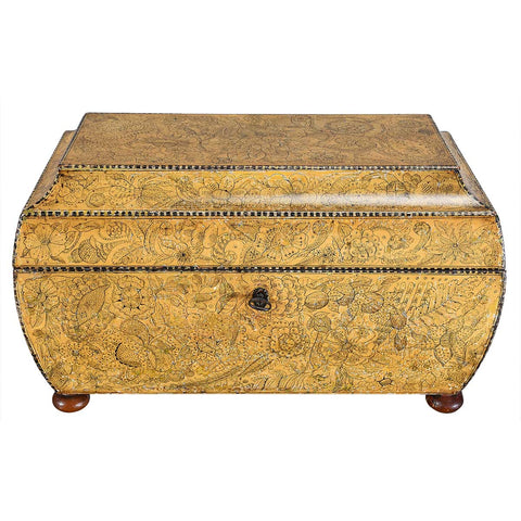 A Regency Period Penwork Tea Caddy with Unusual Ground Color