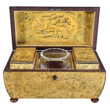 A Regency Period Penwork Tea Caddy with Unusual Ground Color