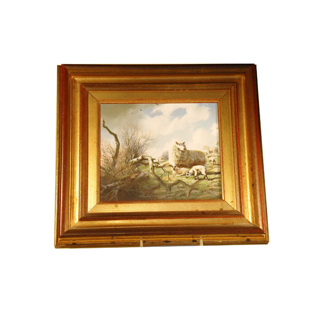 An oil on wood painting of sheep in a mountainous landscape by Daniel Van der Putten. View 1