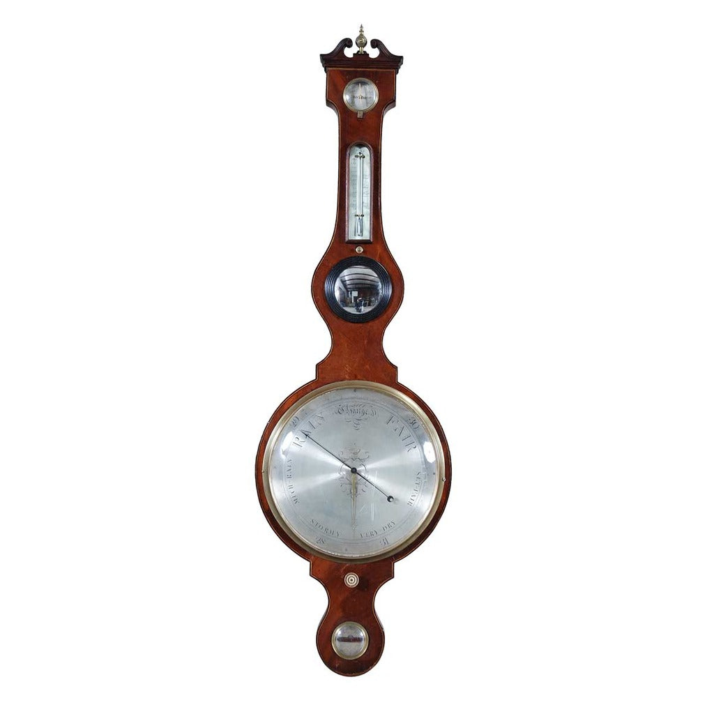 A 19th century mahogany banjo barometer with 12 dial and hygrometer. view 1