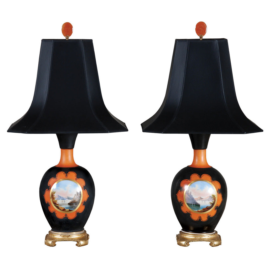 Lovely pair of 19th century black and orange Paris Porcelian vases. view 1