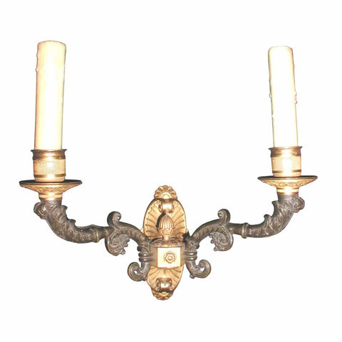 A Regency period pair of bronze and ormalu two-arm sconces. Wired for electric. view 1