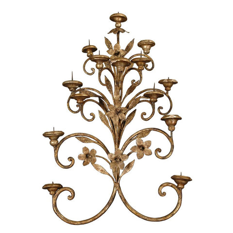 An Italian gilded wrought iron sconce with floral motif and fourteen candelabra arms. view 1
