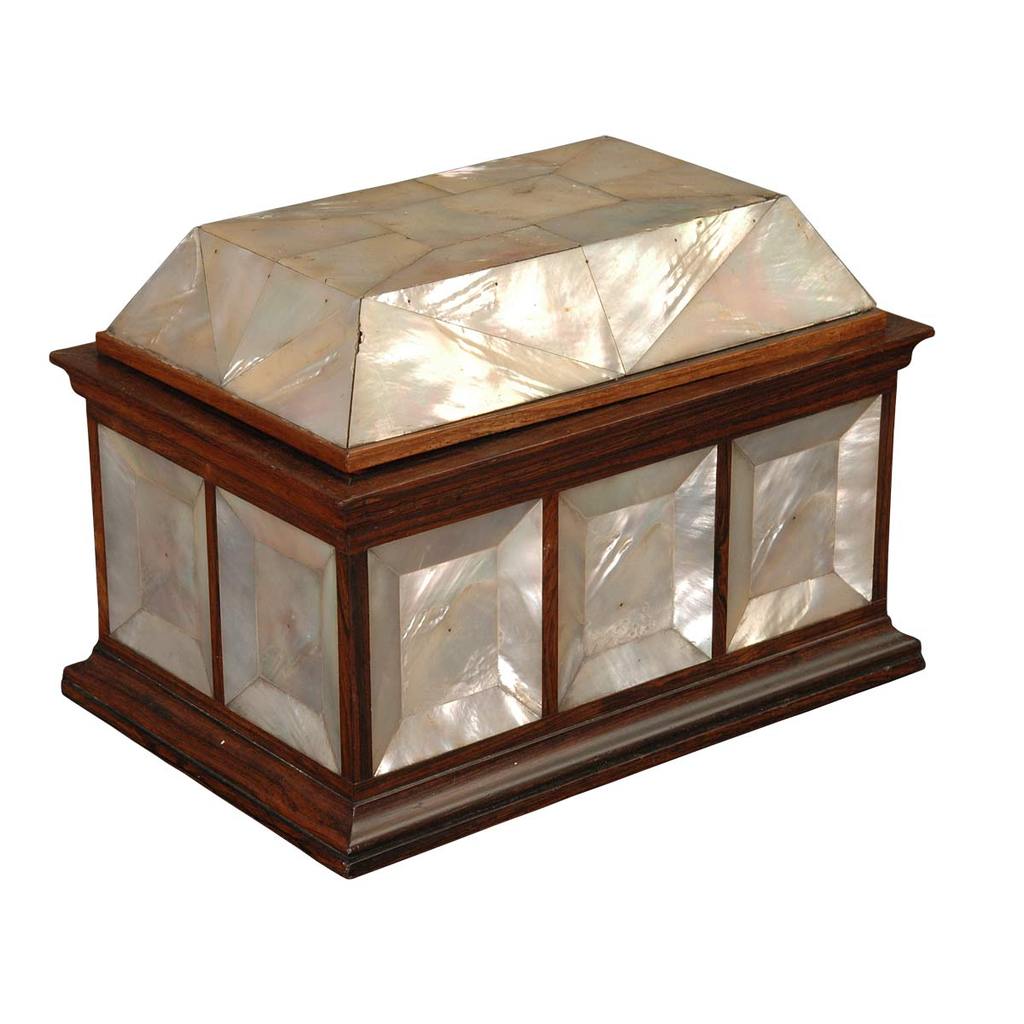 A  19th Century Regency period rosewood and mother of pearl paneled casket. View 1