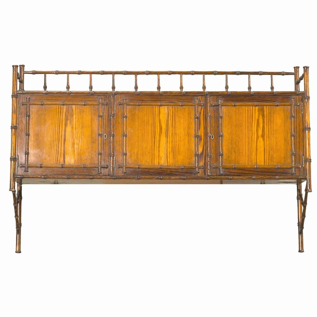 A 19th century English pitch pine hanging cabinet with simulated bamboo gallery. view 1