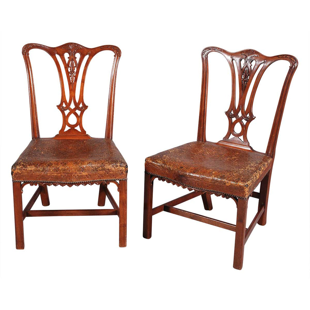 Pair of Chippendale Style Chairs with Leather Seats