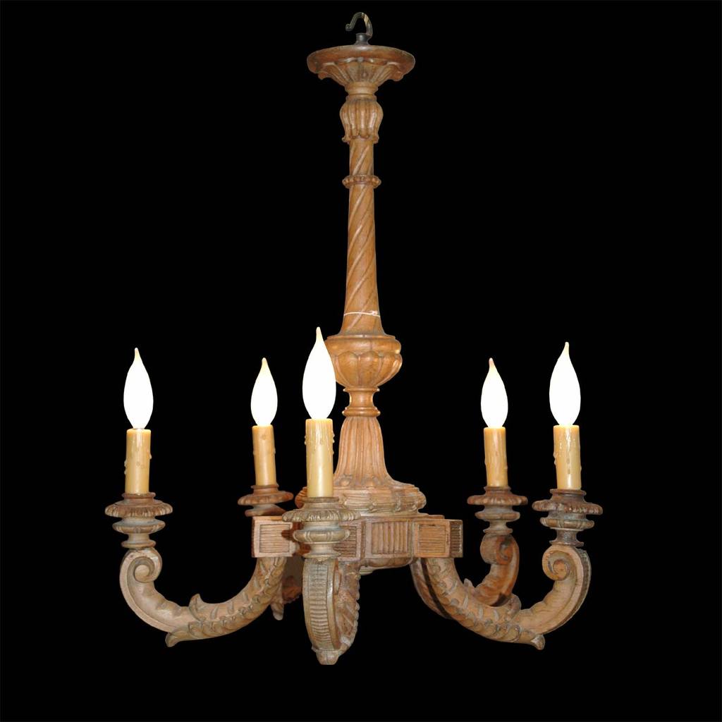 A 19th century small carved wood chandelier with five arms. view 1
