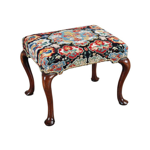 A Queen Anne period walnut stool on dramatically shaped cabriole legs ending in pad feet. view 1